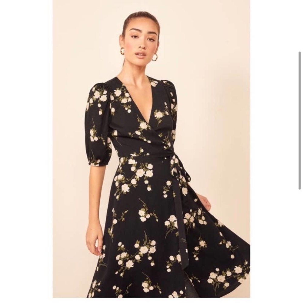 Reformation Maria Black Floral Wrap Dress (Size M) - Picture 7 of 8